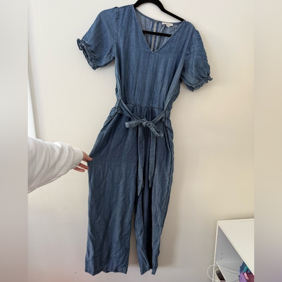 Lightweight Chambray Jumpsuit Tie-Waist Wide Leg Loft Size XS Denim Minimalist - Picture 3 of 11